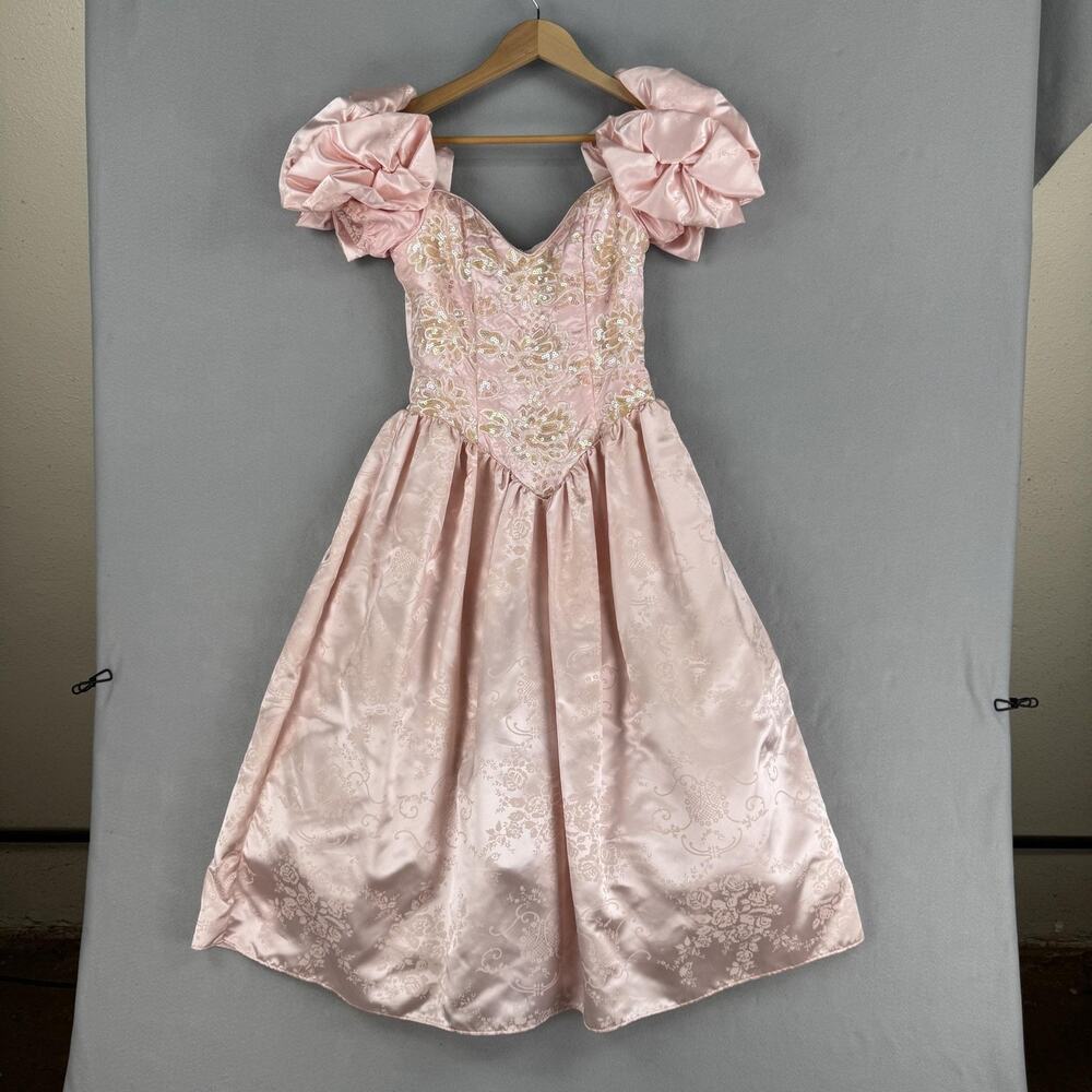 Vintage Jessica McClintock Gunne Sax Dress Juniors 5/6 Pink Satin Sequin Prom